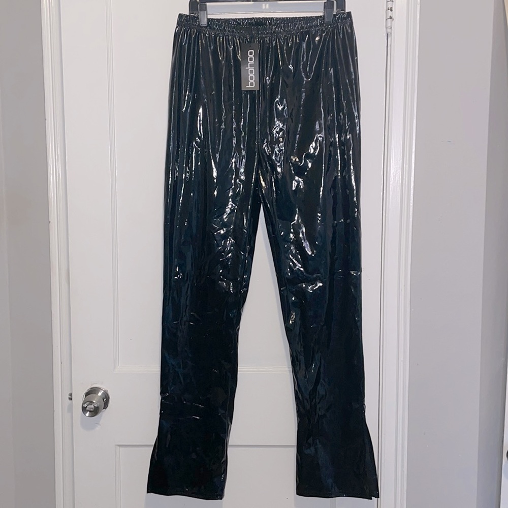 High waist extra long vinyl spilt hem black